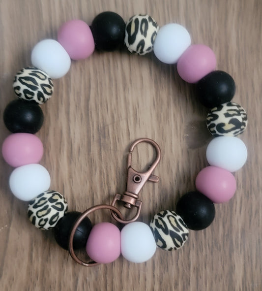 Pink, Black, and White Leopard Wristlet Keychain