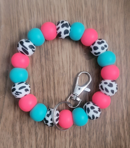 Teal and Pink Cow Wristlet Keychain