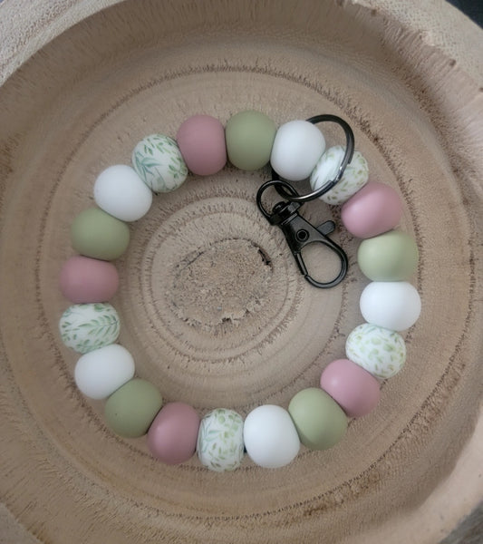 Green, Pink, and Boho Leaf Wristlet Keychain